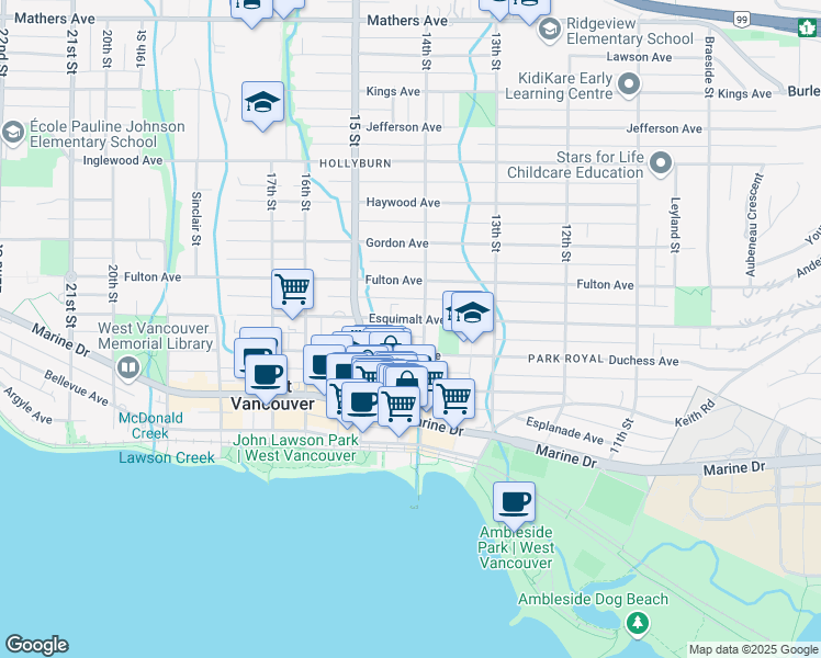 map of restaurants, bars, coffee shops, grocery stores, and more near 1412 Esquimalt Avenue in West Vancouver