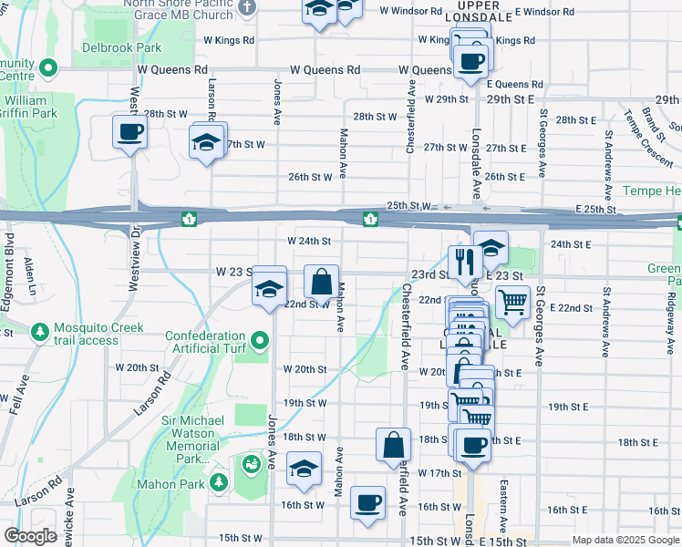 map of restaurants, bars, coffee shops, grocery stores, and more near 221 West 23 Street in North Vancouver