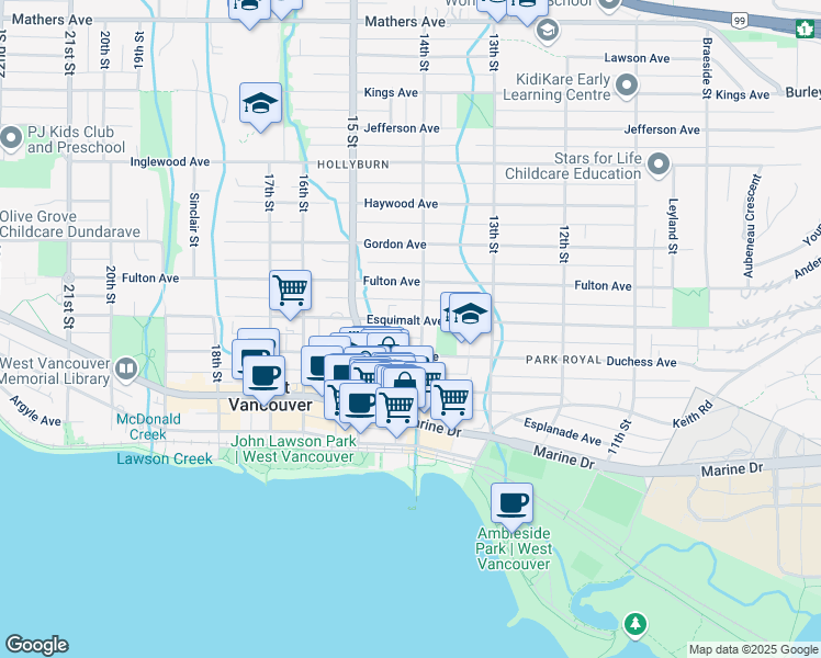map of restaurants, bars, coffee shops, grocery stores, and more near 1412 Esquimalt Avenue in West Vancouver
