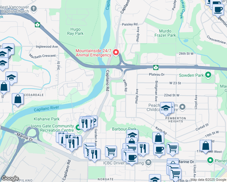 map of restaurants, bars, coffee shops, grocery stores, and more near 2221 Bowser Avenue in North Vancouver