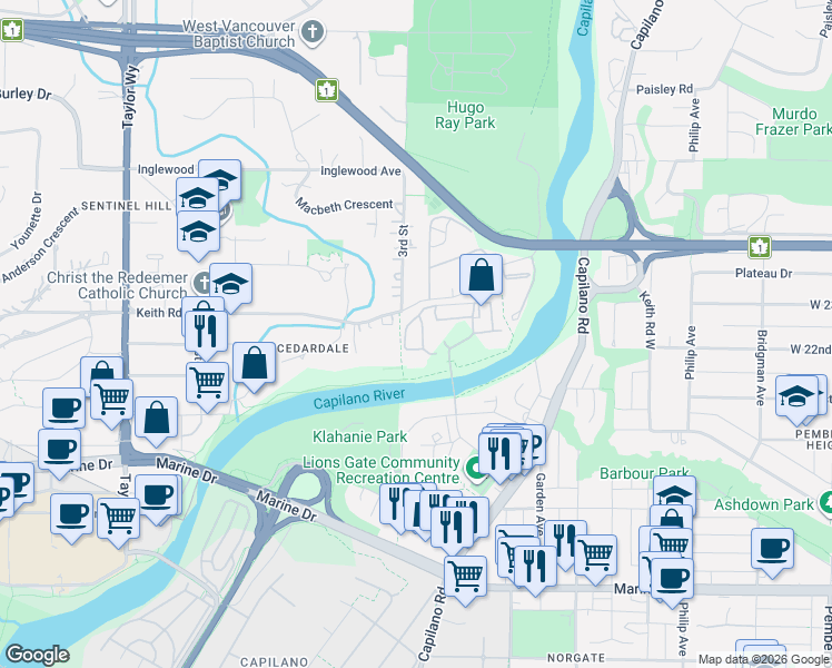 map of restaurants, bars, coffee shops, grocery stores, and more near 2020 Fullerton Avenue in North Vancouver