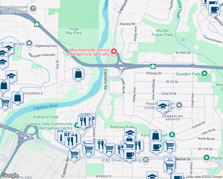 map of restaurants, bars, coffee shops, grocery stores, and more near 2221 Bowser Avenue in North Vancouver