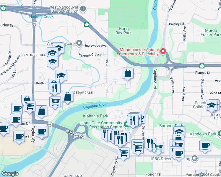 map of restaurants, bars, coffee shops, grocery stores, and more near 2020 Fullerton Avenue in North Vancouver