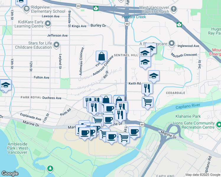 map of restaurants, bars, coffee shops, grocery stores, and more near 780 Keith Road in West Vancouver