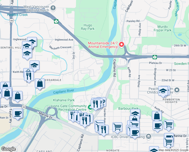 map of restaurants, bars, coffee shops, grocery stores, and more near 2004 Fullerton Avenue in North Vancouver