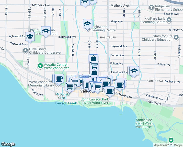 map of restaurants, bars, coffee shops, grocery stores, and more near 680 17th Street in West Vancouver