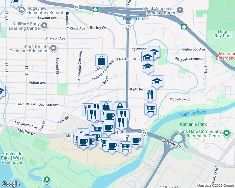 map of restaurants, bars, coffee shops, grocery stores, and more near 888 Arthur Erickson Place in West Vancouver
