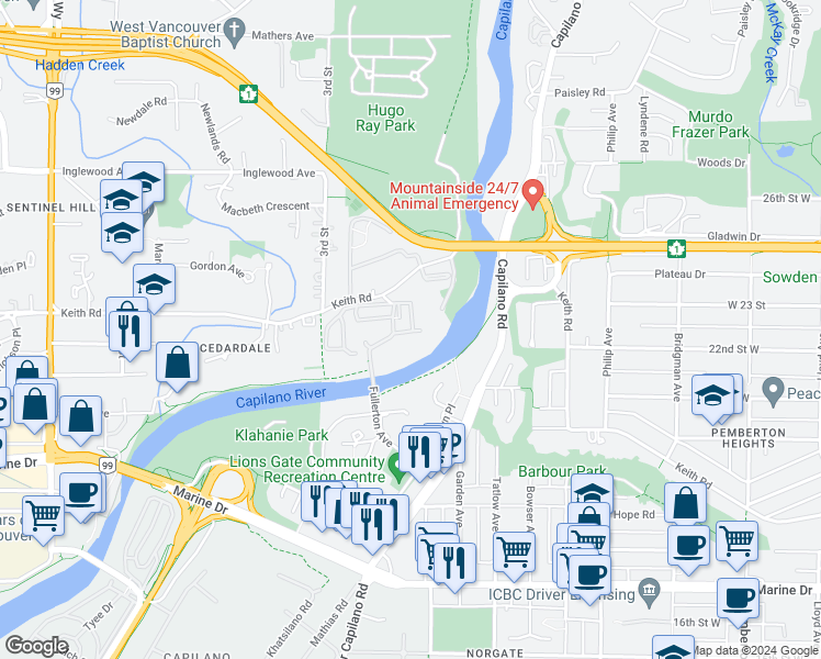 map of restaurants, bars, coffee shops, grocery stores, and more near 2008 Fullerton Avenue in North Vancouver
