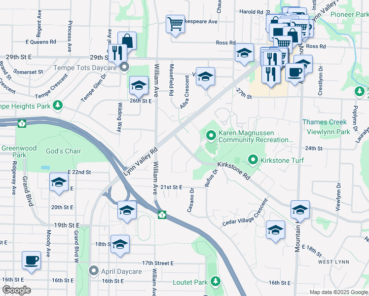 map of restaurants, bars, coffee shops, grocery stores, and more near 2321 Kirkstone Road in North Vancouver