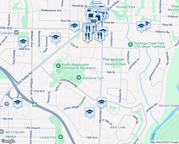 map of restaurants, bars, coffee shops, grocery stores, and more near 2322 Emery Court in North Vancouver