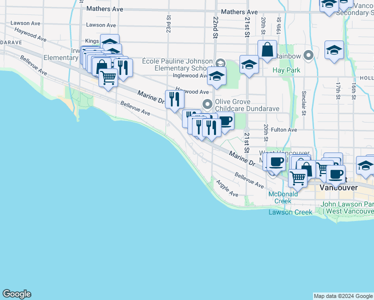 map of restaurants, bars, coffee shops, grocery stores, and more near 2246 Bellevue Avenue in West Vancouver