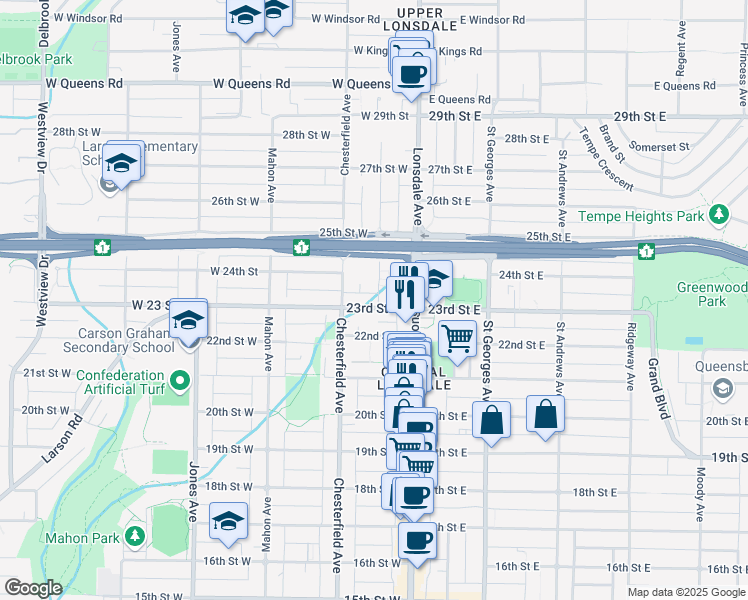 map of restaurants, bars, coffee shops, grocery stores, and more near 2305 Western Avenue in North Vancouver