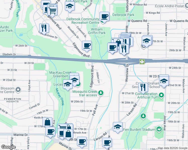 map of restaurants, bars, coffee shops, grocery stores, and more near 2244 Edgemont Boulevard in North Vancouver