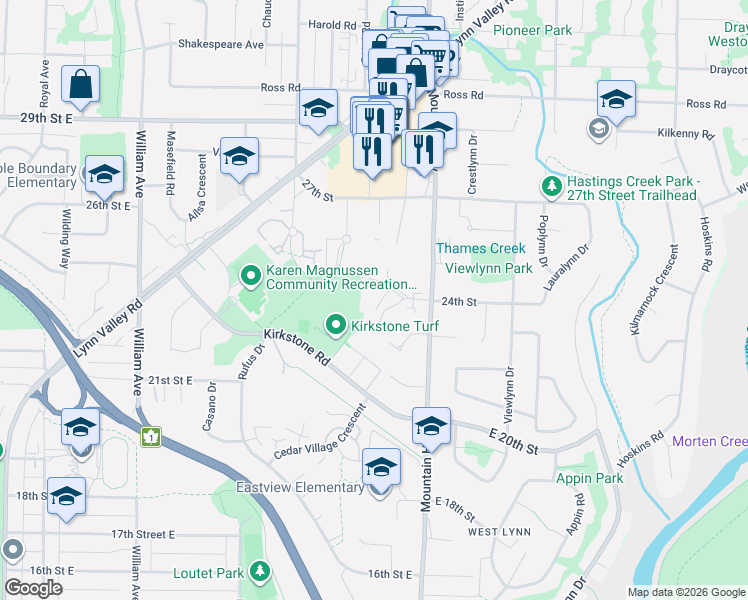 map of restaurants, bars, coffee shops, grocery stores, and more near 2325 Emery Court in North Vancouver