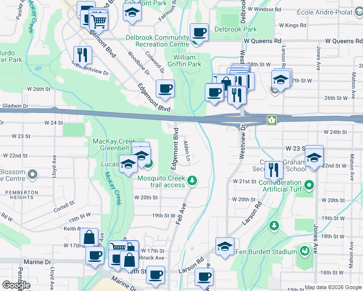 map of restaurants, bars, coffee shops, grocery stores, and more near 2244 Edgemont Boulevard in North Vancouver