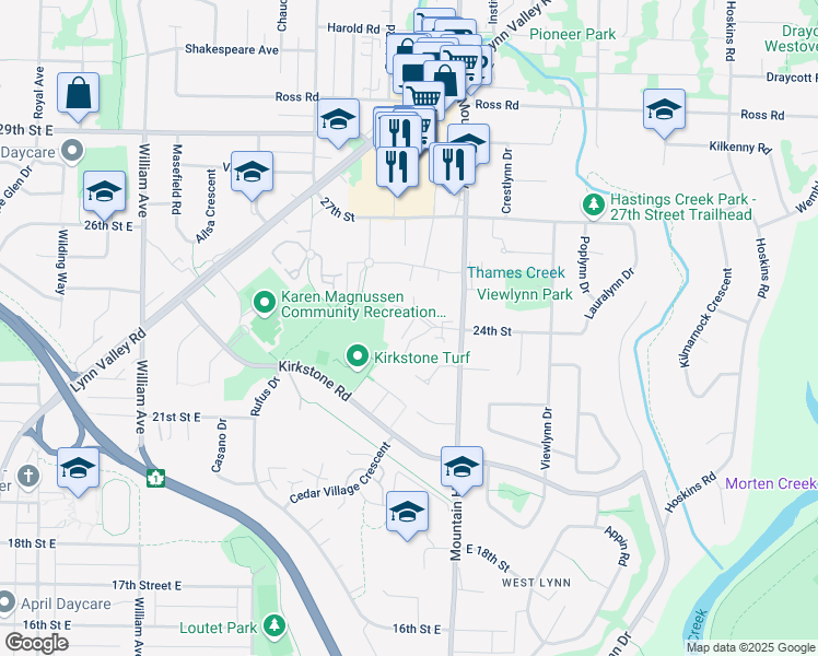 map of restaurants, bars, coffee shops, grocery stores, and more near 2380 Emery Court in North Vancouver