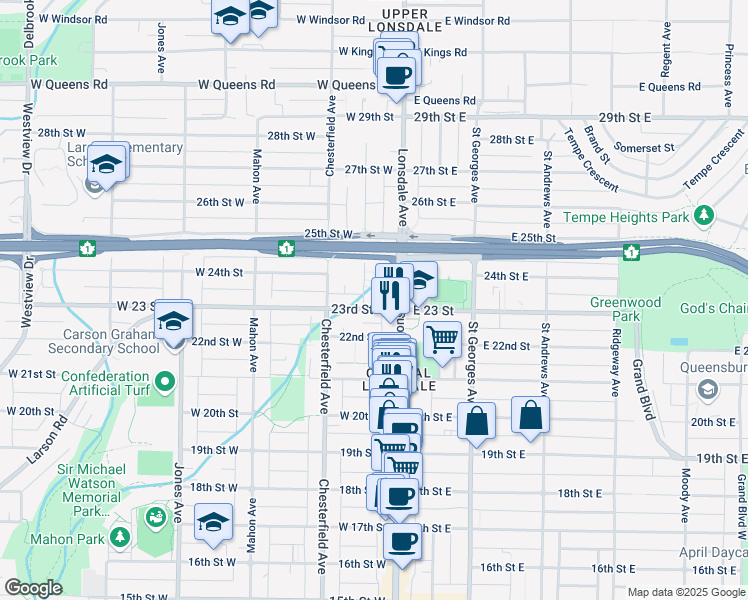 map of restaurants, bars, coffee shops, grocery stores, and more near in North Vancouver