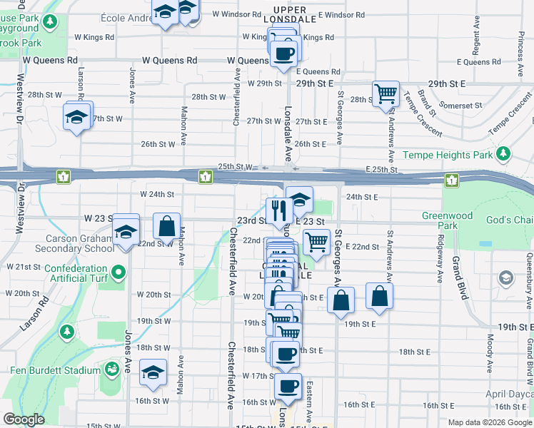 map of restaurants, bars, coffee shops, grocery stores, and more near 116 West 23rd Avenue in Vancouver
