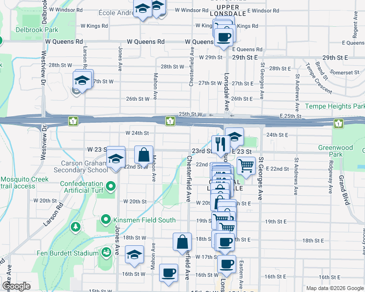 map of restaurants, bars, coffee shops, grocery stores, and more near 212 West 23 Street in North Vancouver