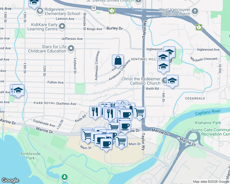 map of restaurants, bars, coffee shops, grocery stores, and more near 850 Esquimalt Avenue in West Vancouver