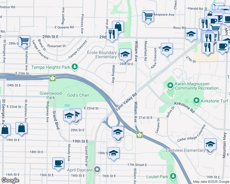map of restaurants, bars, coffee shops, grocery stores, and more near 2408 Wilding Way in North Vancouver