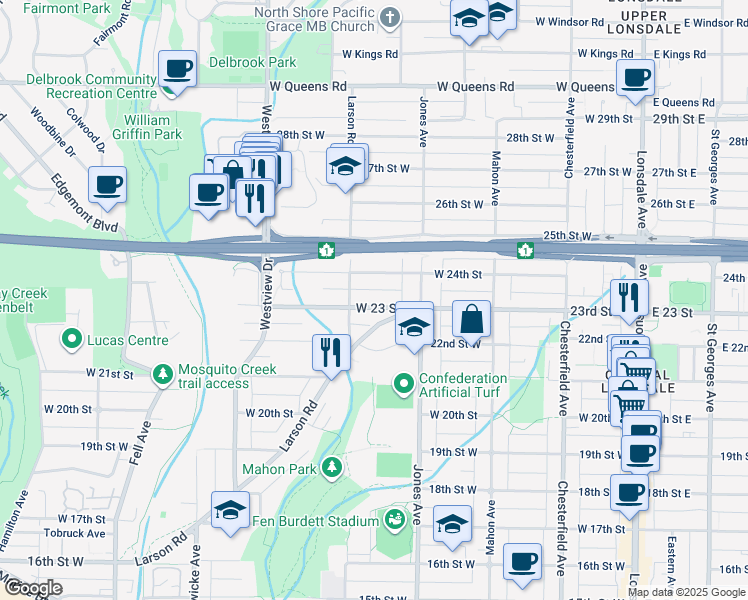 map of restaurants, bars, coffee shops, grocery stores, and more near 442 West 23 Street in North Vancouver