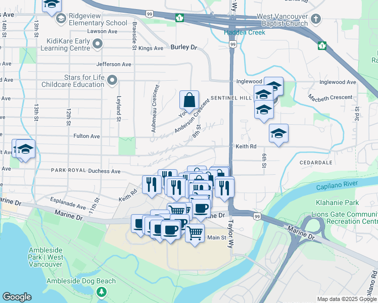 map of restaurants, bars, coffee shops, grocery stores, and more near 842 Esquimalt Avenue in West Vancouver