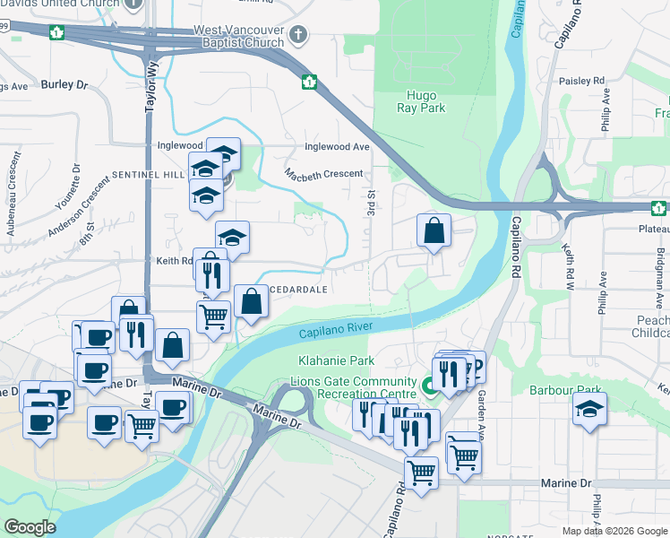map of restaurants, bars, coffee shops, grocery stores, and more near 366 Keith Road in West Vancouver