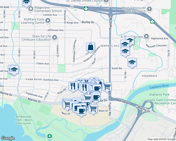 map of restaurants, bars, coffee shops, grocery stores, and more near 850 Esquimalt Avenue in West Vancouver