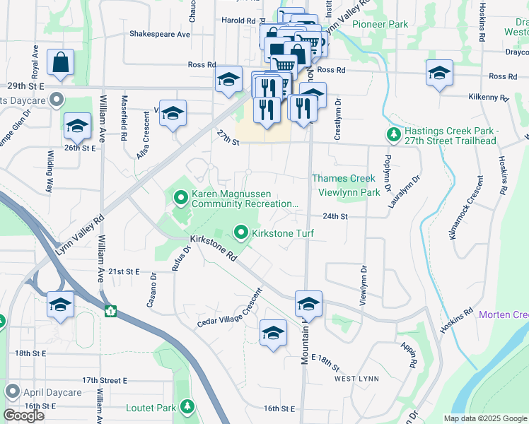 map of restaurants, bars, coffee shops, grocery stores, and more near 1259 Emery Place in North Vancouver