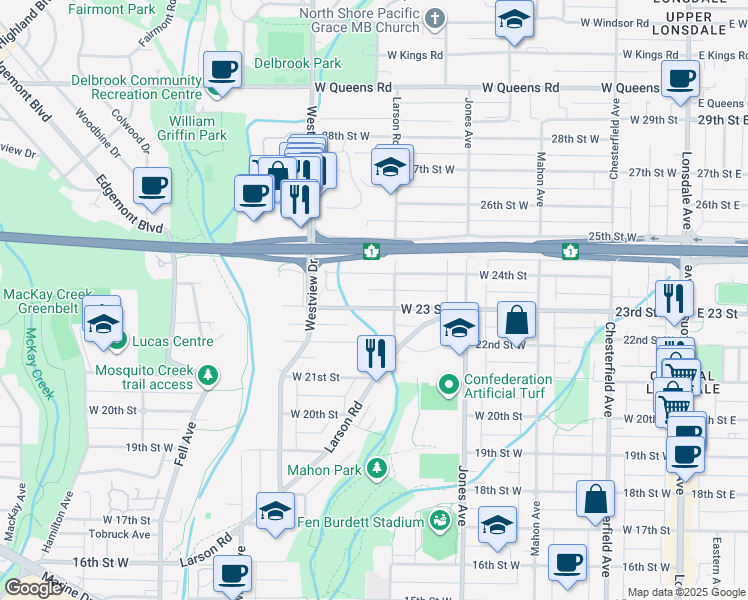 map of restaurants, bars, coffee shops, grocery stores, and more near 518 West 23 Street in North Vancouver
