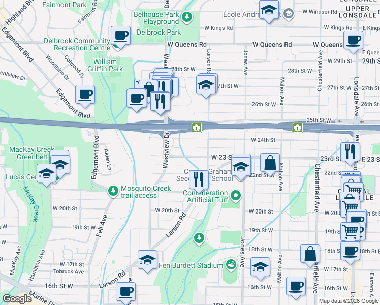 map of restaurants, bars, coffee shops, grocery stores, and more near 532 West 23 Street in North Vancouver