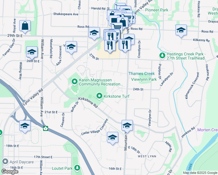 map of restaurants, bars, coffee shops, grocery stores, and more near 2385 Emery Court in North Vancouver