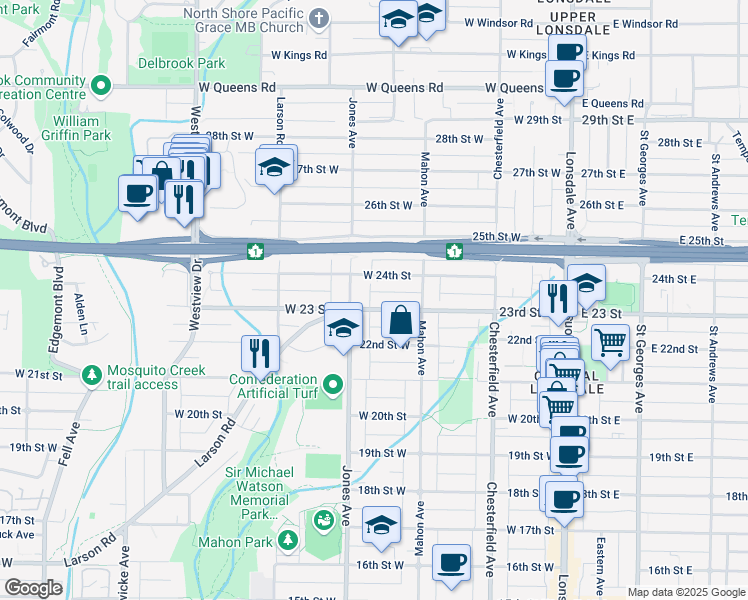 map of restaurants, bars, coffee shops, grocery stores, and more near 344 West 23 Street in North Vancouver