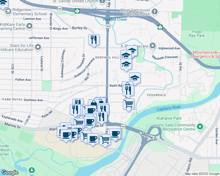 map of restaurants, bars, coffee shops, grocery stores, and more near 694 Keith Road in West Vancouver