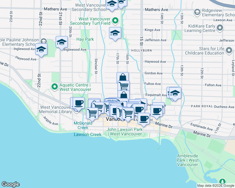 map of restaurants, bars, coffee shops, grocery stores, and more near 1740 Esquimalt Avenue in West Vancouver