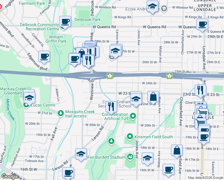 map of restaurants, bars, coffee shops, grocery stores, and more near 518 West 23 Street in North Vancouver