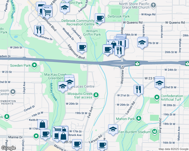 map of restaurants, bars, coffee shops, grocery stores, and more near 2275 Alden Lane in North Vancouver