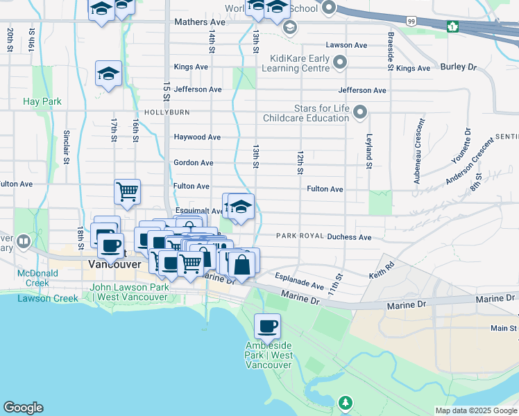 map of restaurants, bars, coffee shops, grocery stores, and more near 704 13th Street in West Vancouver