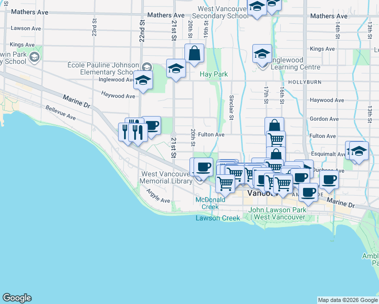 map of restaurants, bars, coffee shops, grocery stores, and more near 2039 Esquimalt Avenue in West Vancouver