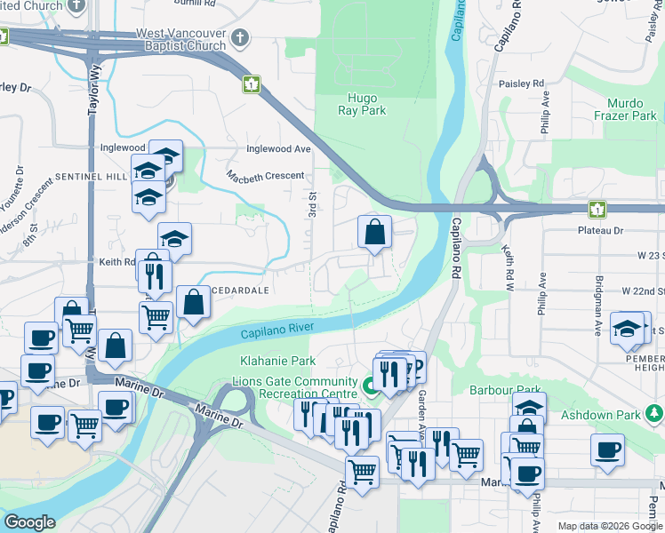map of restaurants, bars, coffee shops, grocery stores, and more near 2016 Fullerton Avenue in North Vancouver
