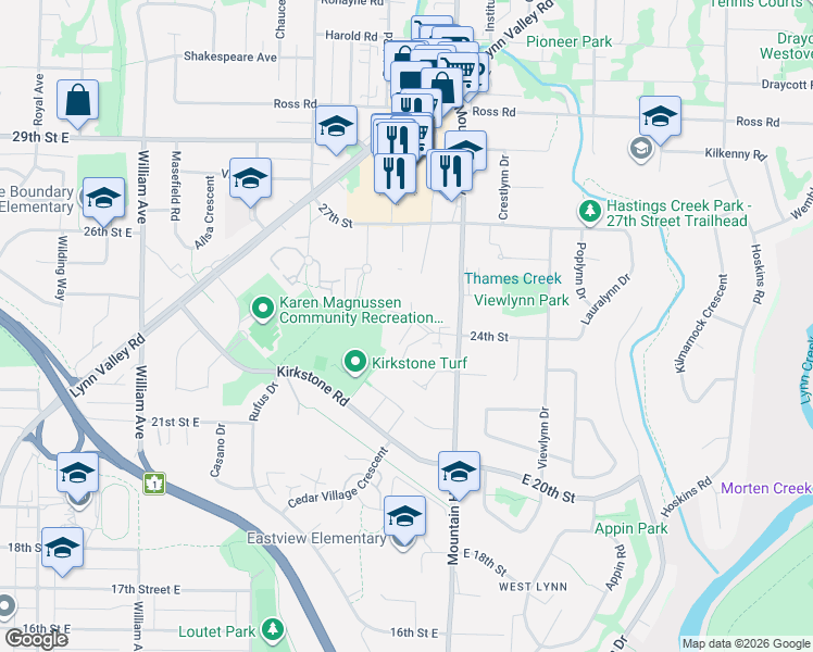 map of restaurants, bars, coffee shops, grocery stores, and more near 2385 Emery Place in North Vancouver