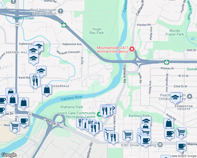 map of restaurants, bars, coffee shops, grocery stores, and more near 2024 Fullerton Avenue in North Vancouver