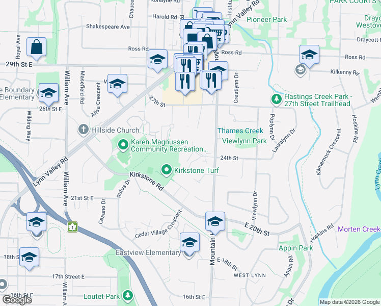map of restaurants, bars, coffee shops, grocery stores, and more near 2385 Emery Court in North Vancouver