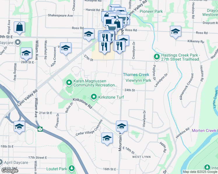 map of restaurants, bars, coffee shops, grocery stores, and more near 2320 Emery Court in North Vancouver