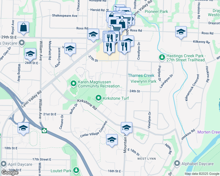 map of restaurants, bars, coffee shops, grocery stores, and more near 2385 Emery Court in North Vancouver