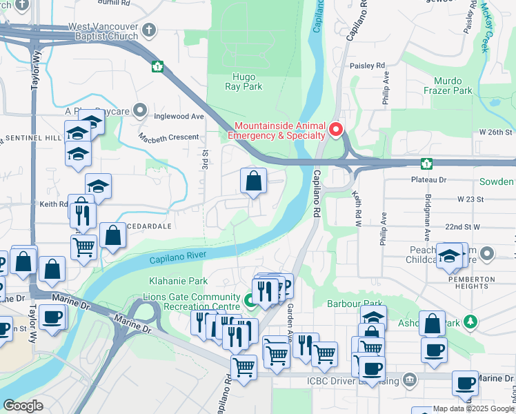map of restaurants, bars, coffee shops, grocery stores, and more near 2008 Fullerton Avenue in North Vancouver