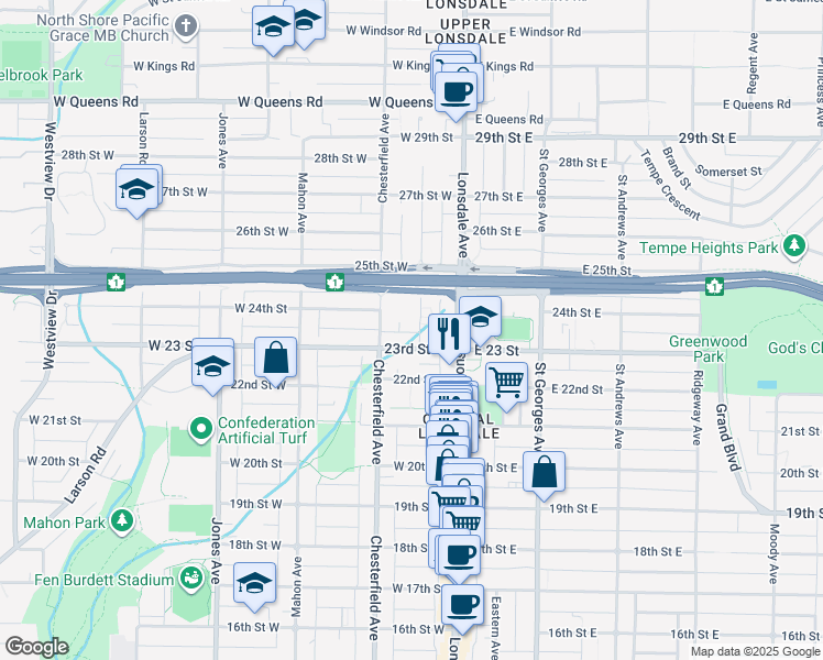 map of restaurants, bars, coffee shops, grocery stores, and more near 2329 Western Avenue in North Vancouver