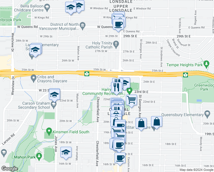 map of restaurants, bars, coffee shops, grocery stores, and more near 2329 Western Avenue in North Vancouver