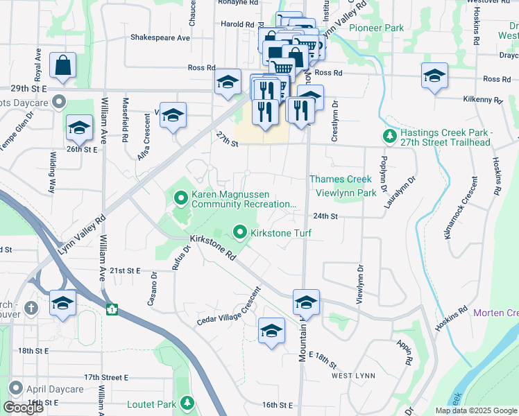 map of restaurants, bars, coffee shops, grocery stores, and more near 2375 Emery Court in North Vancouver